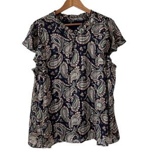 19 Cooper Plus Paisley Print Ruffle Cap Sleeve Top